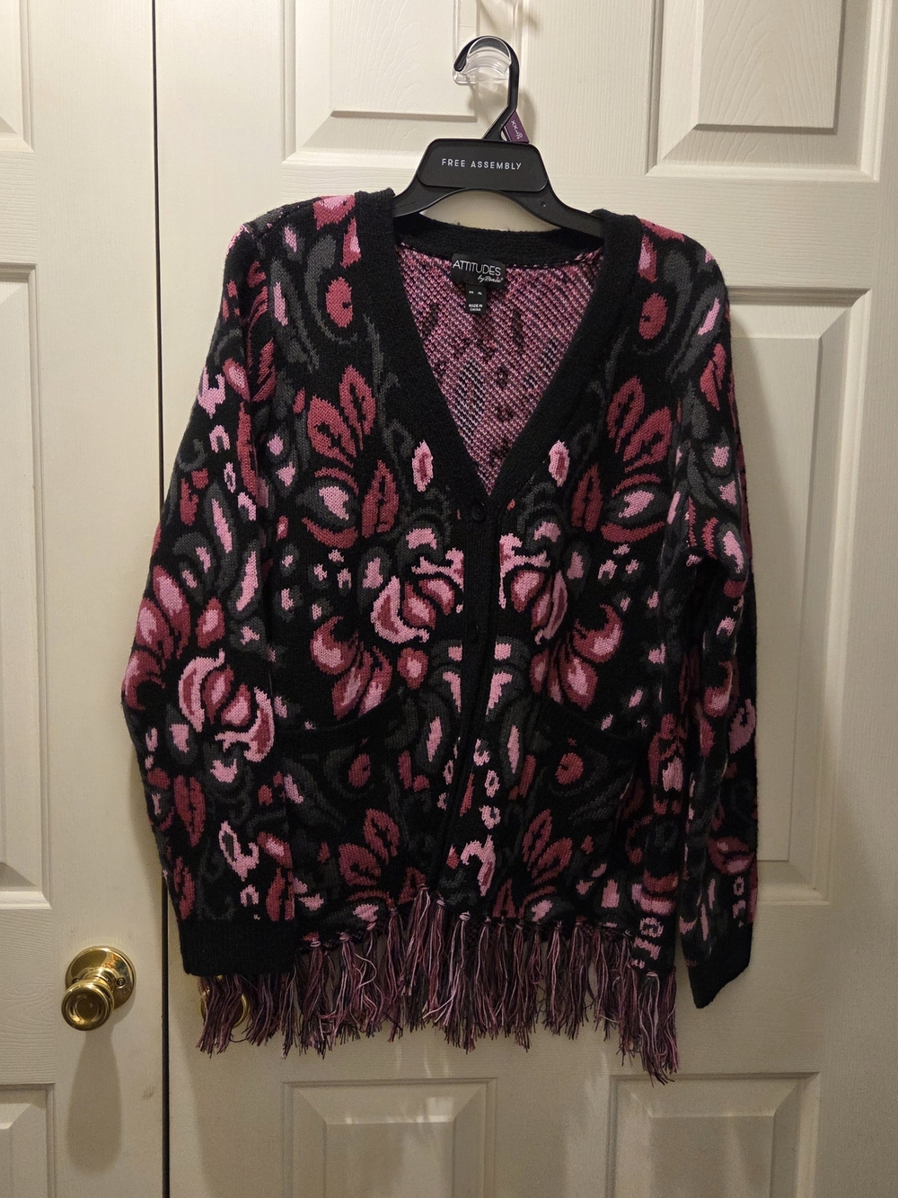 Attitudes by Renee Black & Pink Floral Fringe Knit Cardigan